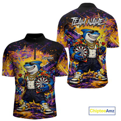 Custom Funny Shark Dart Shirts for Men Darts Team Jerseys Dart Tournament Polo & 1/4 Zip NNT136
