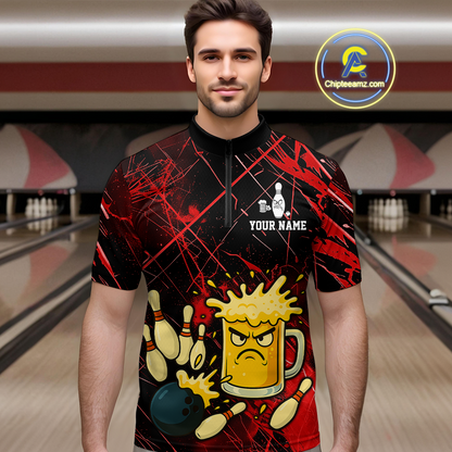 Custom Red Funny Beer Bowling Shirt Team Bowling League Jersey for Men Bowling Outfit QZT767