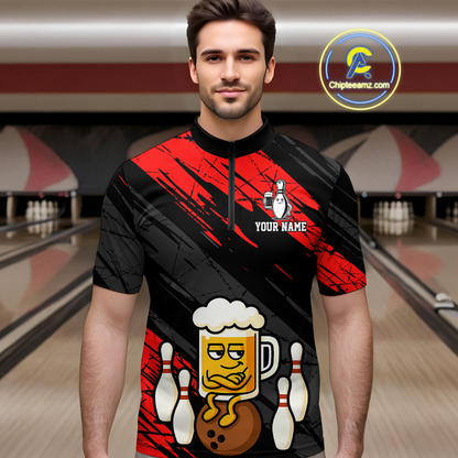 Custom Red Funny Beer Bowling Jersey for Men Bowling Uniform Polo & 1/4 Zip Bowling Team Shirts HNT107