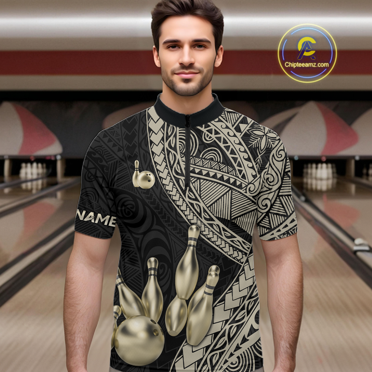 Black and Gold Tribal Pattern Bowling Jersey for Men Bowling Uniform Bowling Team Shirts HNT225