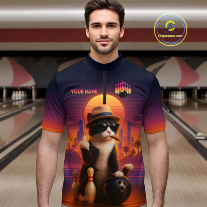 Men’s retro funny cat bowling quarter zip shirt, front view on male model in bowling lane 