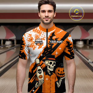 Orange Funny Skull Bowling Shirt for Men Personalized Polo & 1/4-Zip Bowling Jersey Halloween QZT768