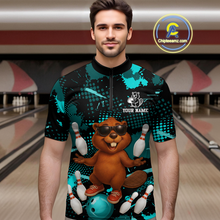 Load image into Gallery viewer, Custom Teal Funny Beaver Bowling Team Shirt Men Bowling League Jersey Polo Bowling Outfit QZT764