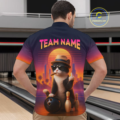 Men’s retro funny cat bowling quarter zip shirt, back view on male model in bowling lane 