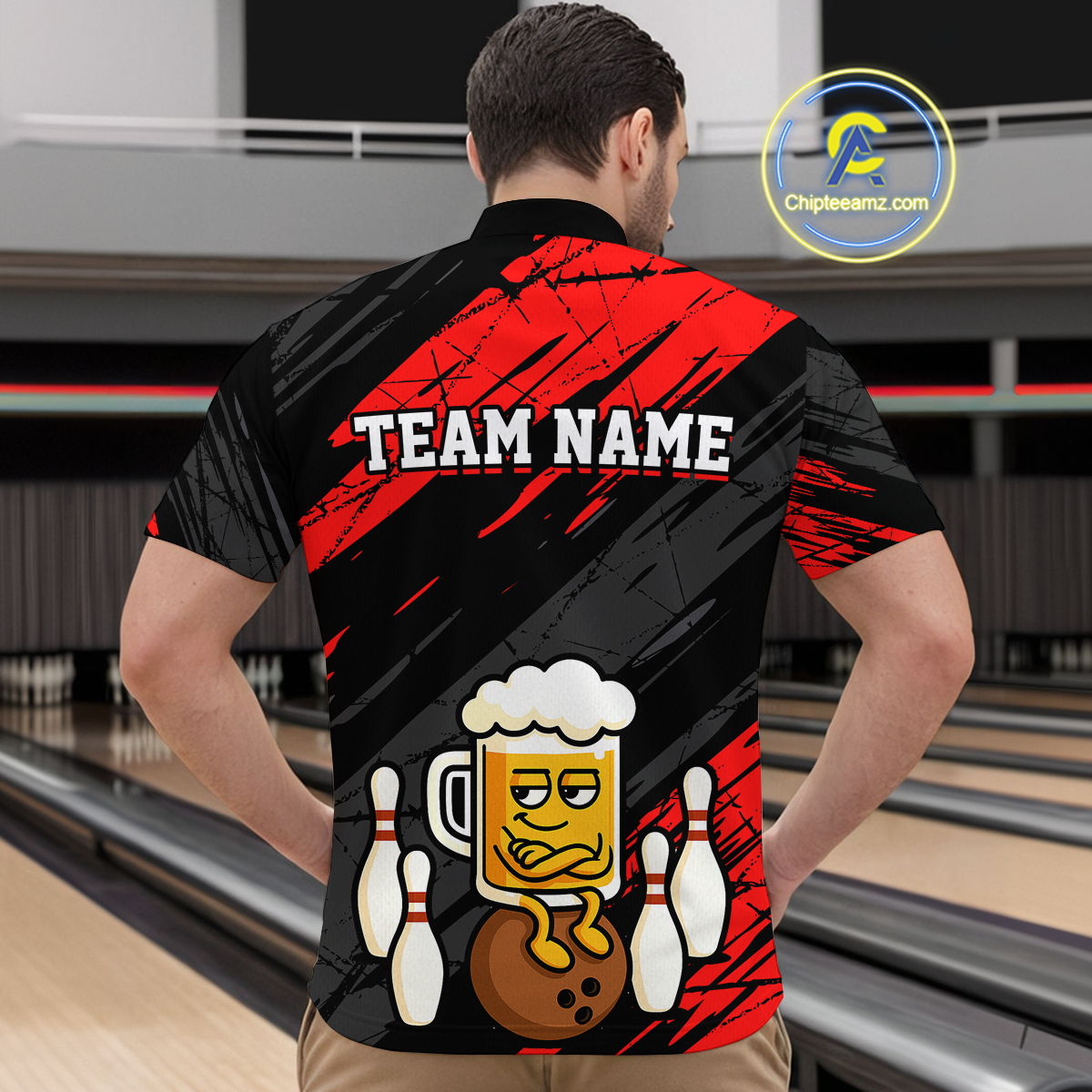 Custom Red Funny Beer Bowling Jersey for Men Bowling Uniform Polo & 1/4 Zip Bowling Team Shirts HNT107
