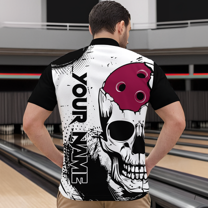 Personalized Bowling Shirt Skull Bowling Team Jersey Quarter-Zip Shirt for Men QZT275