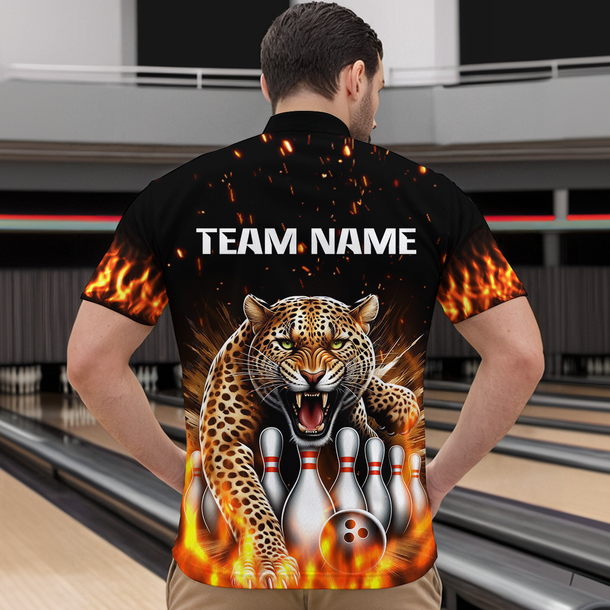 Custom Bowling Shirts Cheetah Bowling Quarter Zip Flames Bowling Jersey for Men QZT452