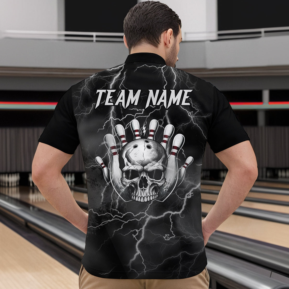 Skull Bowling League Shirt Men Bowling Jersey Team Lightning Thunder Bowling Quarter-Zip Shirt BDT335