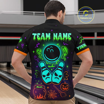 Custom Neon Bowling Team Shirt Halloween Polo & Quarter-Zip Bowling Jersey for Men QZT731