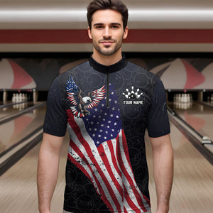 Personalized US Flag Bowling Shirt Eagle Bowling Jersey Quarter-Zip Shirt Bowling for Men QZT274