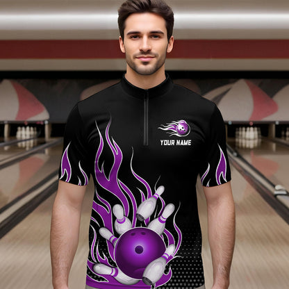Purple Flame 1/4 Zip Bowling Shirts for Men And Women Custom Bowling Team Jerseys Unisex BDT477