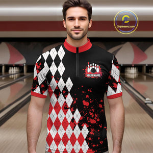 Red argyle pattern Retro Bowling Shirts For Men Custom My drinking team has a bowling problem NQS9825