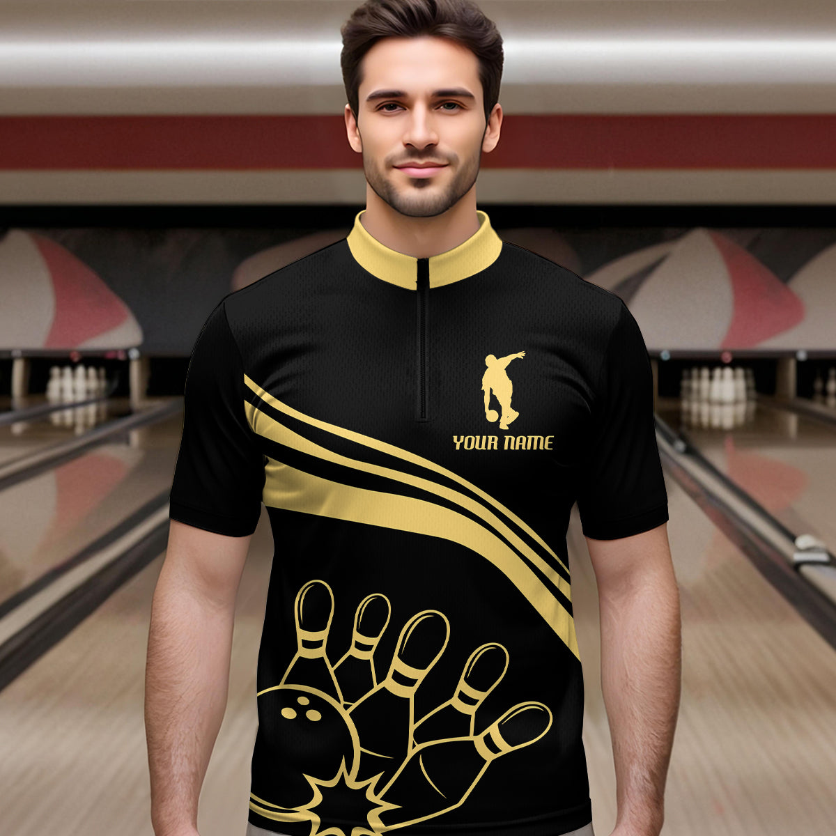 Black&Gold Bowling Quarter-Zip Shirt Men Custom Bowling Jersey Vintage Bowling Team League Shirt BDT116