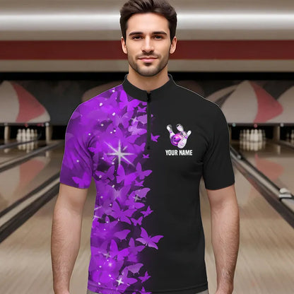 Purple Butterfly Bowling Shirts For Men Women Custom 1/4 Zip Bowling Jersey Team BDT505
