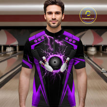 Load image into Gallery viewer, Black Men bowling Polo, 1/4 Zip shirt Custom lightning thunder team league bowling jersey | Purple NQS10375