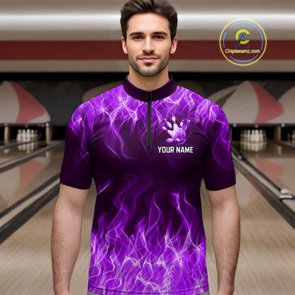 Custom Purple Flame Bowling Jersey for Men Polo & 1/4 Zip Bowling Team Shirts Bowling League HNT150