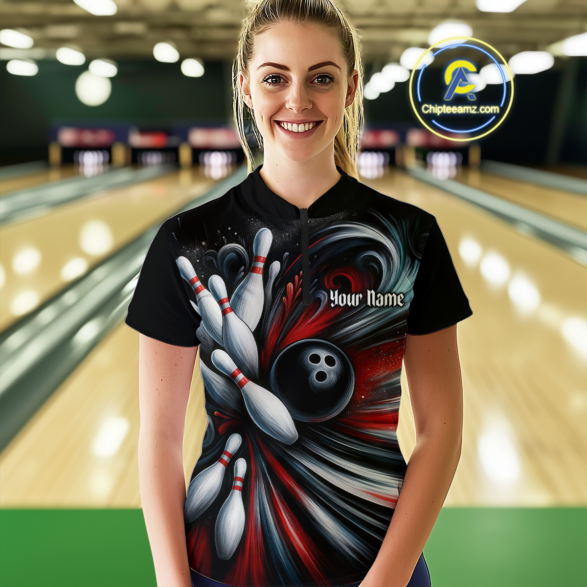 Custom Black Red Bowling Jersey for Women Custom Team Bowling Shirts Polo & 1/4 Zip HNT120
