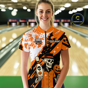 Orange Funny Skull Bowling Shirt for Women Personalized Polo & 1/4-Zip Bowling Jersey Halloween QZT768