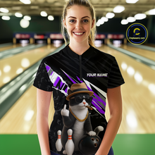 Load image into Gallery viewer, Custom Purple Funny Cat Bowling Jersey for Women Bowling Shirt Polo &amp; 1/4 Zip Bowling Team Shirts HNT136