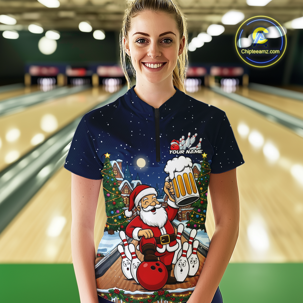 Custom Funny Beer Santa Christmas Bowling Jersey for Women Bowling Team Shirts Polo & 1/4 Zip HNT140