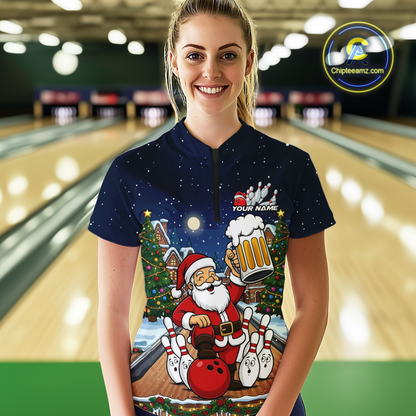 Custom Funny Beer Santa Christmas Bowling Jersey for Women Bowling Team Shirts Polo & 1/4 Zip HNT140