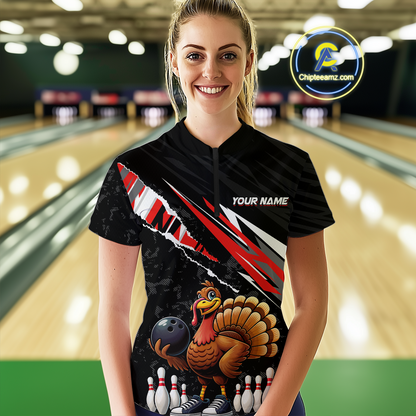 Custom Red Funny Turkey Bowling Jersey for Women Thanksgiving Bowling Shirts Polo & 1/4 Zip HNT117
