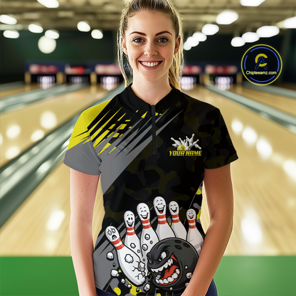 Custom Yellow Funny Bowling Shirt Crazy Bowling Jersey Women Polo & 1/4 Zip Bowling Outfit QZT785