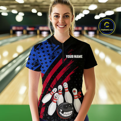 Custom Funny US Flag Bowling Jersey for Women Bowling Uniform Polo & 1/4 Zip Bowling Team Shirts HNT126