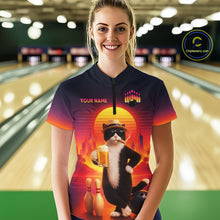 Load image into Gallery viewer, Beer Cat Funny Bowling Shirt for Women Retro Custom Cat with Beer Bowling Team Jersey HNT274