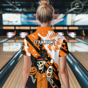 Orange Funny Skull Bowling Shirt for Women Personalized Polo & 1/4-Zip Bowling Jersey Halloween QZT768