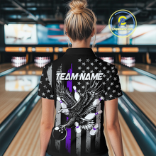 Load image into Gallery viewer, Custom Purple US Flag Eagle Bowling Jersey for Women Bowling Uniform Polo &amp; 1/4 Zip Bowling Team Shirts HNT119