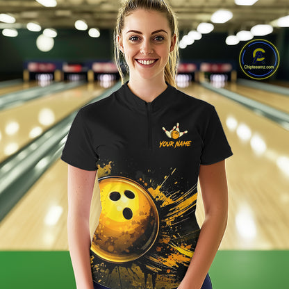 Custom Black & Gold Bowling Shirt for Women Bowling Team Jersey Bowling Outfit Polo & Quarter-Zip QZT988
