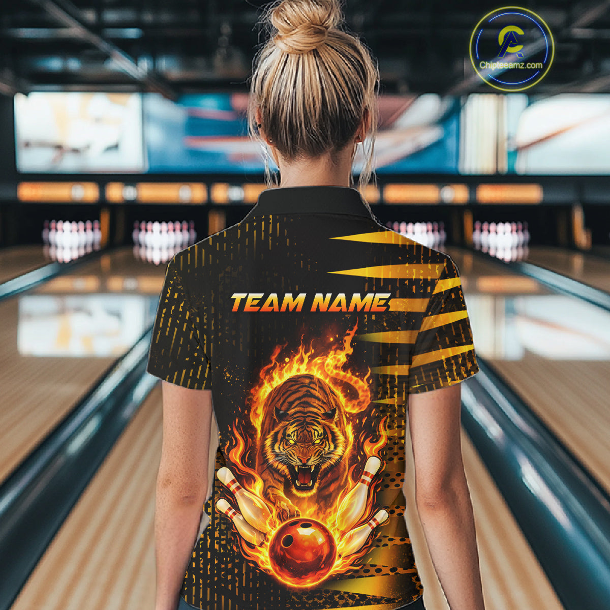 Custom Flame Tiger Bowling Team Jersey Bowling Shirt for Women Bowling League Polo & 1/4 Zip HNT201