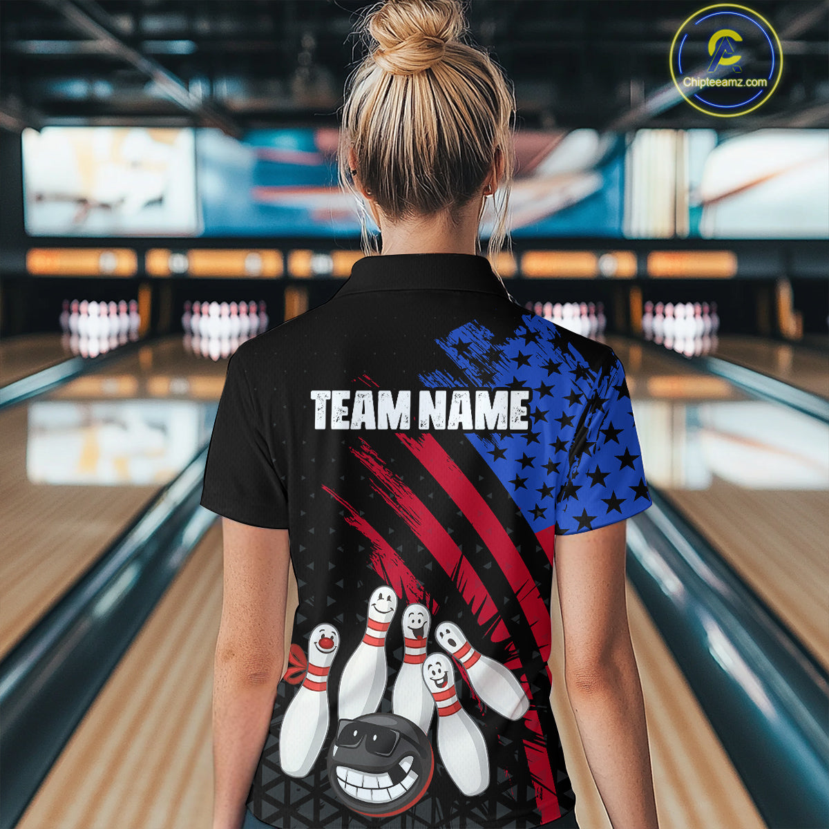 Custom Funny US Flag Bowling Jersey for Women Bowling Uniform Polo & 1/4 Zip Bowling Team Shirts HNT126
