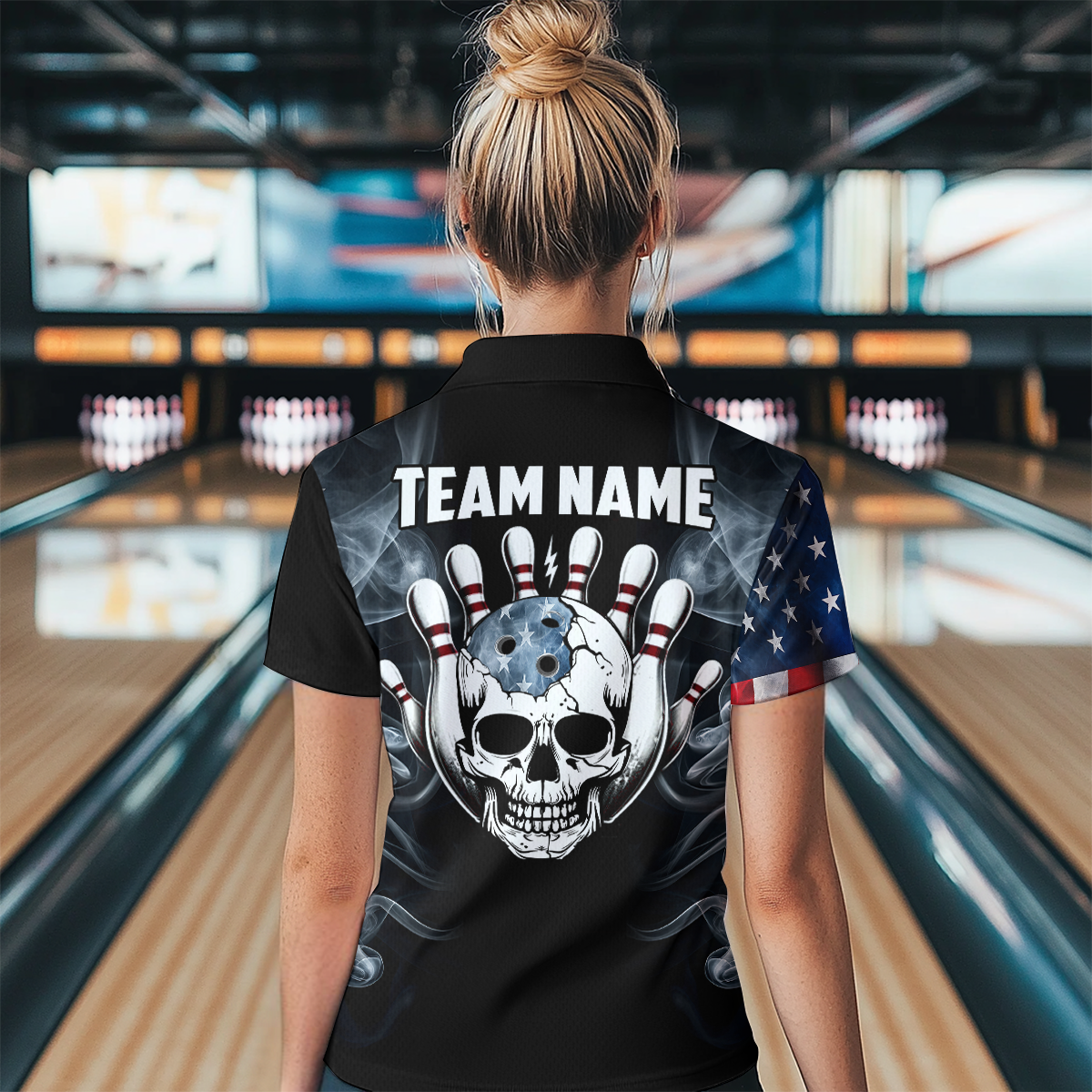 Custom Skull Bowling 1/4 Zip Shirts For Men Women American Flag Bowling Jersey Team BDT507