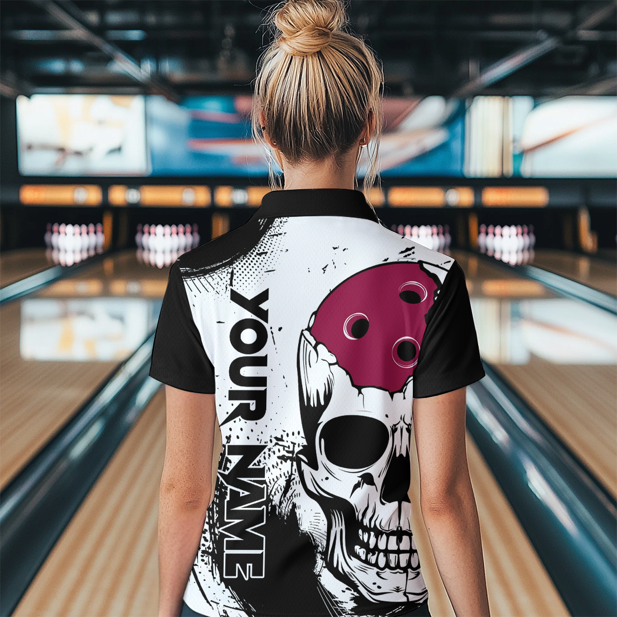Personalized Bowling Shirt Skull Bowling Team Jersey Quarter-Zip Shirt for Women QZT275