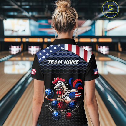 Custom American Flag Funny Chicken Bowling Team Jersey for Women Polo Bowling Shirt Unisex QZT710