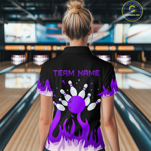 Load image into Gallery viewer, Custom Purple Flame Bowling Shirts for Women Polo &amp; Quarter-Zip Bowling Team Jerseys HNT82