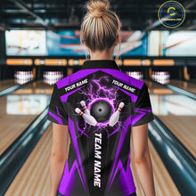 Load image into Gallery viewer, Black Women bowling Polo, 1/4 Zip shirt Custom lightning thunder team league bowling jersey | Purple NQS10375