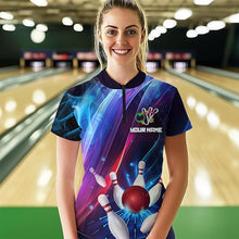 Load image into Gallery viewer, Personalized Galaxy Bowling Pins and Ball Shirt Blue &amp; Purple Neon 1/4-Zip Bowling Team League QZT664