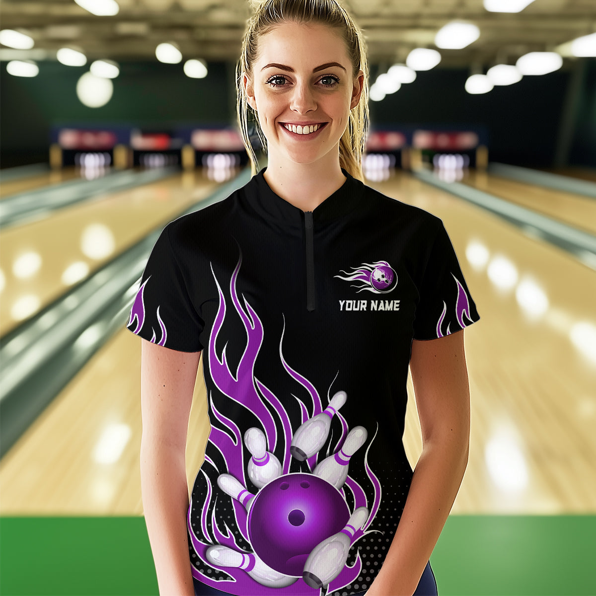 Purple Flame 1/4 Zip Bowling Shirts for Men And Women Custom Bowling Team Jerseys Unisex BDT477