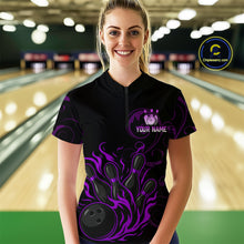 Load image into Gallery viewer, Black And Purple Flame Custom Dragon Bowling Team Shirts For Women, Bowling Uniform Outfit NQS9963