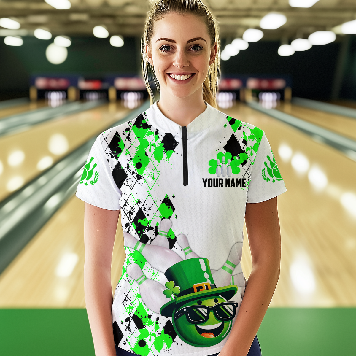 Custom Green Funny Bowling Shirt St Patrick Day Bowling 1/4-Zip Team Jersey Unisex QZT620