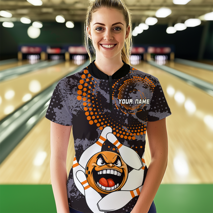 Orange Camo Bowling Shirt Funny Bowling Team Jersey for Women Quarter-Zip Bowling Shirt QZT255