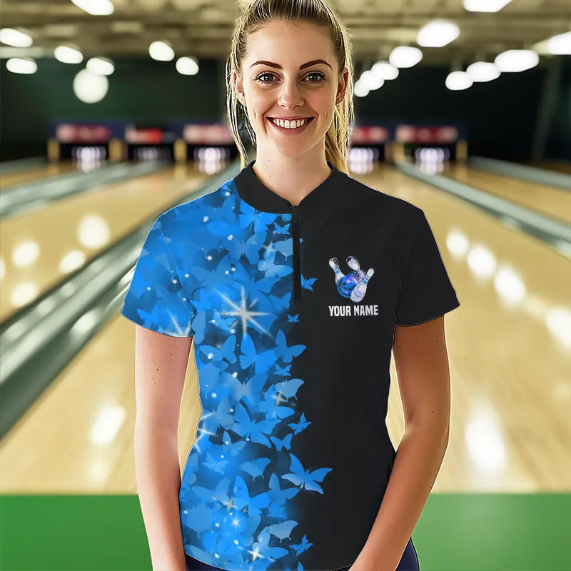 Blue Butterfly Bowling Shirts For Men Women Custom 1/4 Zip Bowling Jersey Team BDT505