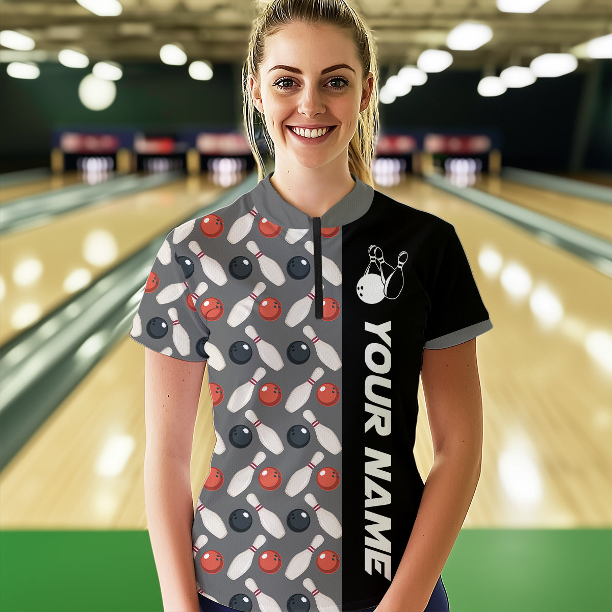 Dark Grey Bowling Pattern Custom Women Bowling Polo & Quarter-Zip Shirts Bowling Team Jerseys HNT45