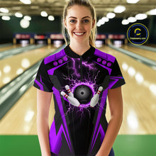Load image into Gallery viewer, Black Women bowling Polo, 1/4 Zip shirt Custom lightning thunder team league bowling jersey | Purple NQS10375