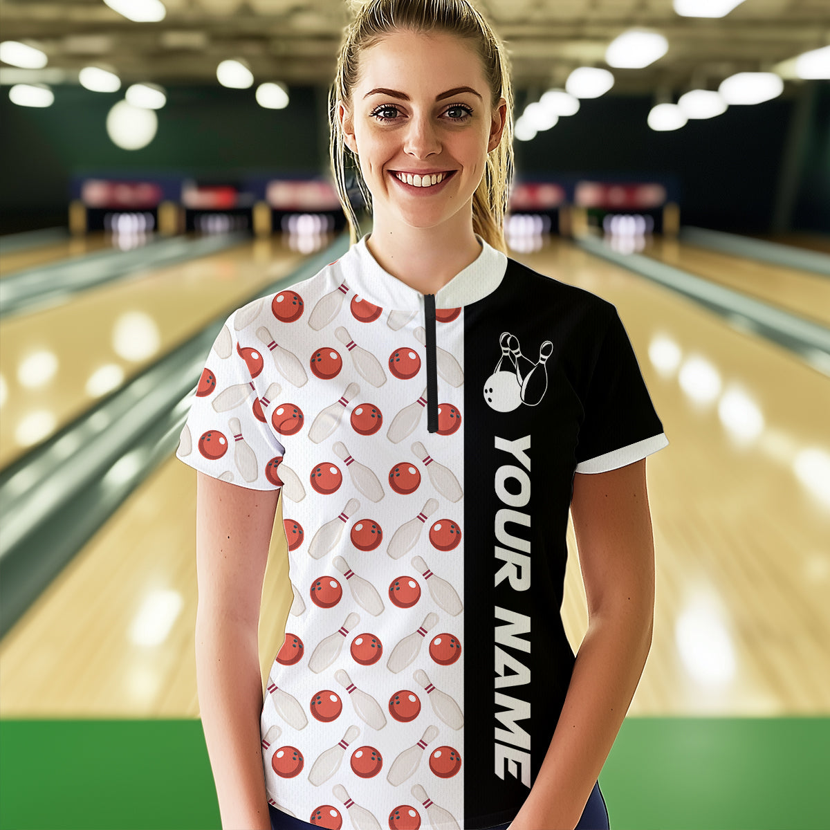 White Bowling Pattern Custom Women Bowling Polo & Quarter-Zip Shirts Bowling Team Jerseys HNT45
