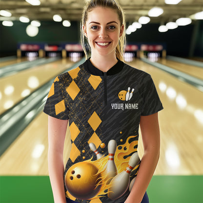 Flame Yellow Bowling Team Shirt Custom Bowling Jersey for Men Women Flame Quarter-Zip Shirt QZT679