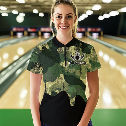 Personalized Camouflage Bowling Shirt American Flag Quarter-Zip Bowling Team Jersey QZT678